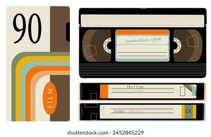 Un conjunto de cintas de vídeo desde diferentes ángulos. Grabación de películas y memorias en medios analógicos. Elementos de los años 90 en un estilo moderno. Ilustración vectorial aislada sobre fondo transparente.