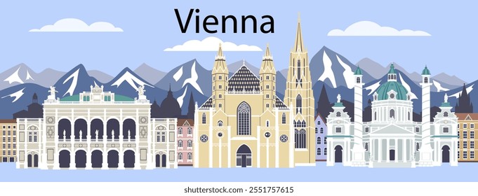 Set of Vienna landmarks at winter style