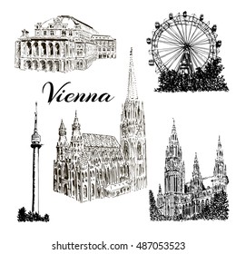 Set of Vienna symbols. Donauturm, Stephansdom, Rathaus, Prater, Vienna State Opera House. Wiener Staatsoper. Vector hand drawn sketch illustration.