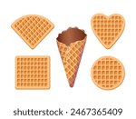 Set of Viennese waffles, chocolate cone. Delicious crispy soft sweets, realistic isolated vector food illustration. Square, circle, sector and heart. For menu, cafe, stickers, design elements.