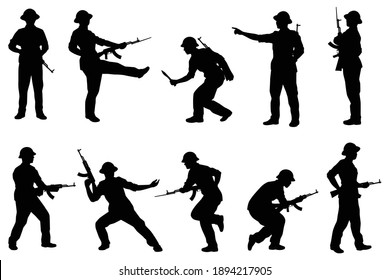 Set Of Vietcong Soldier With Rifle Gun In Vietnam War Silhouette Vector, Military Man In The Battle.