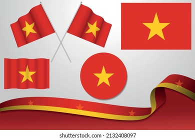 Set Of Vietnam Flags In Different Designs Icon Flaying Flags With ribbon With Background.