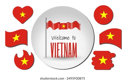 Conjunto de banderas de Vietnam y ondeando la bandera de Vietnam en Vector con la inscripción ¡Bienvenidos a Vietnam!
