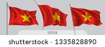 Set of Vietnam waving flag on isolated background vector illustration. 3 red and golden star  Vietnamese wavy realistic flag as a patriotic symbol 