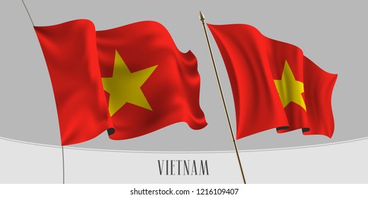 Set of Vietnam waving flag on isolated background vector illustration. Red, yellow elements  of Vietnamese wavy realistic flag as a patriotic symbol 