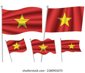 Set von Vietnam schwenkbaren Fahne auf isoliertem Hintergrund, Vektorgrafik. 5 roter und goldener Star vietnamesische Wavy-Realitätsflagge als patriotisches Symbol
