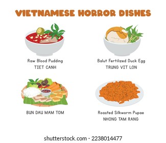 Set von vietnamesischen Horrorfutter flach Vektorklammer Kunst. Rohblutpudding, Balut befruchtetes Entenei, Bun Dau Mam Tom, geröstete Seidenraupen. asiatische Küche. vietnamesische Küche. Horrorgerichte, beängstigendes Essen