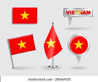 Set of Vietnamese pin, icon and map pointer flags. Vector illustration.