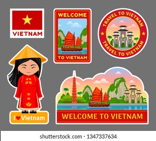 Set of vietnamese travel stickers. Attractions, places, monuments, symbols. Vector flat illustration.