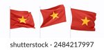 Set of Vietnamese waving flag on flagpole. Realistic 3d design flag flies on the wind on isolated white background. vector illustration
