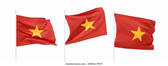 Conjunto de bandera vietnamita ondeando en asta de bandera. Bandera de diseño 3d realista vuela en el viento sobre fondo blanco aislado. Ilustración vectorial