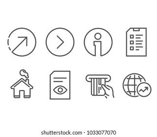 Set of View document, Credit card and Forward icons. Direction, Checklist and World statistics signs. Open file, Atm payment, Next direction. Navigation pointer, Data list, Global report. Vector