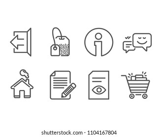 Set of View document, Happy emotion and Article icons. Sign out, Tea bag and Shopping cart signs. Open file, Web chat, Feedback. Logout, Brew hot drink, Gifts.  Information and Home design elements