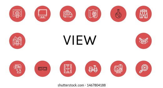 Set of view icons such as Degree, Monitor, Minivan, Search, Research, Pant, Virtual reality, d glasses, Soccer field, Motorcycle, Virtual, Panorama, Eye , view