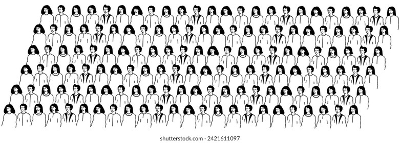 Set of viewers of performance. Sitting spectator.  Academic auditorium, fan audience, people crowd. Audience, spectators sitting on viewer places. Men and women in auditorium vector illustration