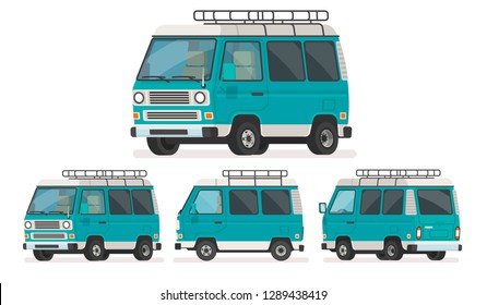 Set of views of minivan for travel. Trip van. Vector illustration in cartoon style