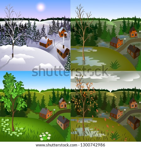 Set of views for winter, spring, summer, autumn. Landscape view of town with sun, sky, skyline, forest, houses.