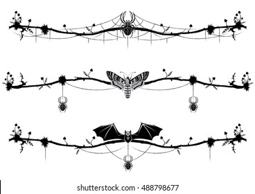 set of vignettes with bat, butterfly death head, spider and mushrooms in black and white