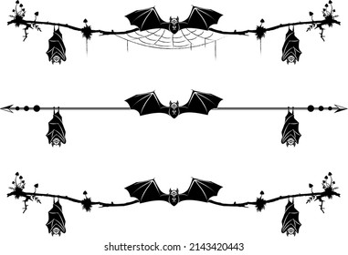 conjunto de viñetas con murciélagos, telaraña y setas en colores blanco y negro