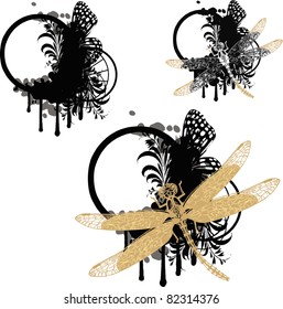 Set of vignettes with floral elements and dragonfly
