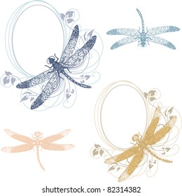 Set of vignettes with floral elements and dragonfly