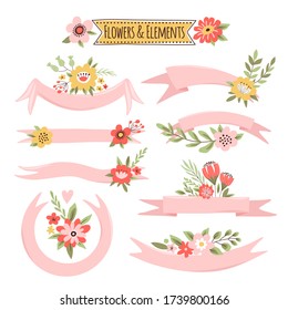 Set of vignettes with space for text and flowers. Freehand drawing. Cartoon style