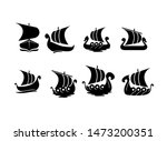 set viking boat ship black logo icon design vector illustration