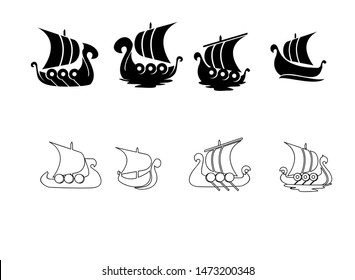 set viking boat ship black logo icon design vector illustration