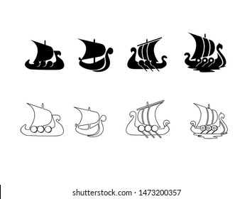 set viking boat ship black logo icon design vector illustration