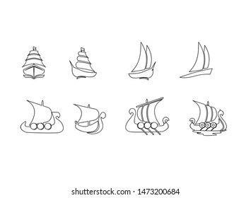 set of viking boat ship black line outline logo icon design vector illustration