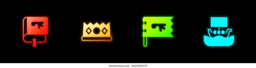Set Viking book, King crown, flag and ship Drakkar icon. Vector