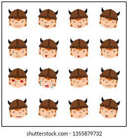 Set of Viking boy facial expressions in cartoon style isolated on white background