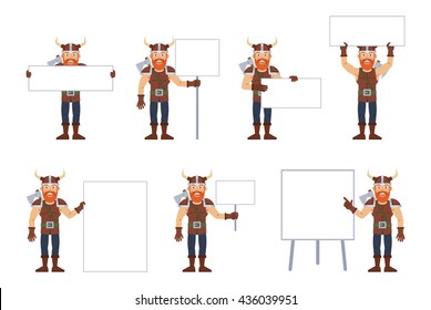 Set of viking characters posing with different blank banners. Cheerful viking with paper, poster, placard, pointing to whiteboard, teach, advertise, promote. Flat style vector illustration