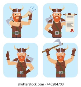 Set of viking characters posing in different situations. Cheerful viking celebrating victory, holding a scroll, blowing in the horn. Flat style vector illustration