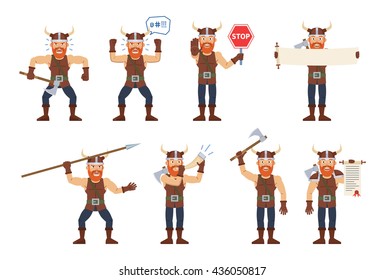 Set of viking characters showing different actions. Cheerful viking holding stop sign, scroll, spear, blowing in the horn, celebrating victory, angry. Flat style vector illustration