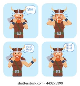 Set of viking characters showing different emotions. Cheerful viking laughing, smiling, crying, surprised, showing thumb up gesture. Flat style vector illustration