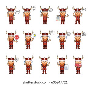 Set of viking characters showing diverse actions, emotions. Funny viking talking on phone, reading book, angry, laughing, crying, surprised and doing other actions. Simple vector illustration