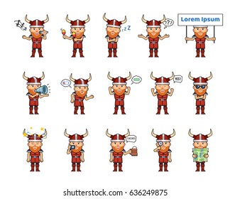 Set of viking characters showing diverse actions, emotions. Funny viking celebrating, sleeping, holding map, banner, loudspeaker, beer mug and doing other actions. Simple vector illustration