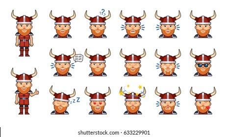 Set of viking emoticons. Funny viking avatars showing various facial expressions. Happy, sad, cry, laugh, surprised, serious, dazed, in love and other emotions. Simple vector illustration