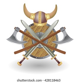 Set Viking equipment: shield, sword, ax and helmet, executed in the form of the emblem. Color vector illustration.