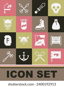 Set Viking flag, Antique treasure chest, Old money bag, Medieval sword, Quiver with arrows, Skull viking helmet, horned and Ancient boots icon. Vector