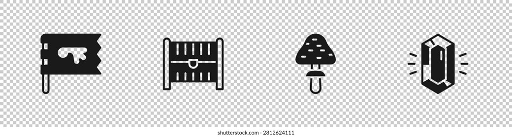 Set Viking flag, Antique treasure chest, Mushroom and Gem stone icon. Vector