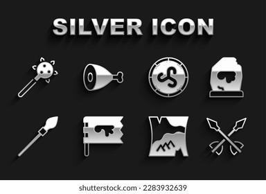 Fijar la bandera de Viking, la pista mágica, las flechas medievales, el mapa doblado, la lanza, el viking Escudo, el macizo con picos y el icono de la pierna de pollo. Vector