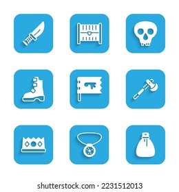 Set Viking flag, Necklace with gem, Old money bag, Wooden axe, King crown, Ancient viking boots, Skull and Dagger icon. Vector