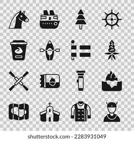 Set Viking head, Iceberg, Lupine flower, Tree, Kayak and paddle, Yogurt container, Horse and Flag of Iceland icon. Vector