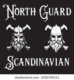 Set Of Viking Head Logos With Cross Axes. North Guard Symbols For Tattoo, Emblem Or Logo, Isolated On A Black Background