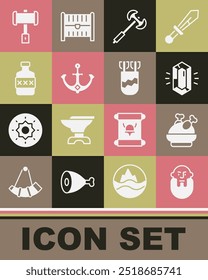 Definir cabeça Viking, peru assado ou frango, pedra preciosa, Poleaxe medieval, Âncora, garrafa de uísque, martelo de batalha e Quiver com ícone de setas. Vetor