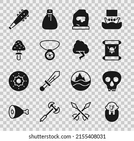 Set Viking Head, Skull, Decre, Pergament, Scroll, Magic Rune, Necklace mit Edelstein, Mushroom, Mace Spikes und Wolke und Blitz Symbol. Vektorgrafik