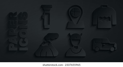 Set Viking head, Sweater, Volcano, Car, Location flag Iceland and Flashlight icon. Vector