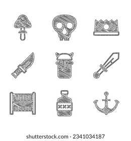 Fijar la cabeza de vikingo, la botella de Whiskey, el ancla, la espada medieval, el cofre del tesoro antiguo, la daga, la corona del rey y el icono del hongo. Vector